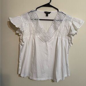 Lauren Ralph Lauren White Crochet V-Neck Flutter Sleeve Top XL